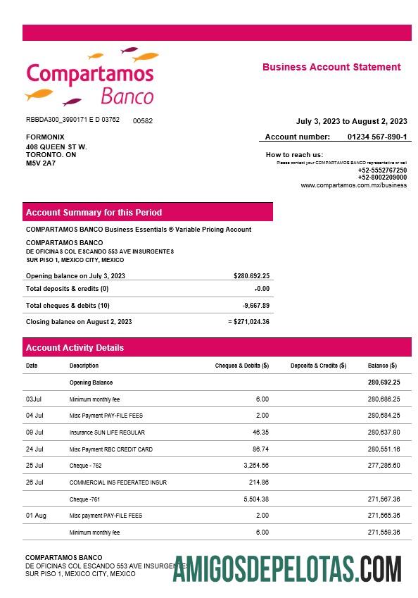 Em branco Compartamos Banco Organization modelo de extrato de conta Word e PDF